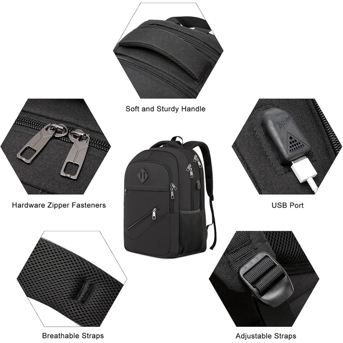 Рюкзак BIKROD для чоловіків та жінок, шкільний рюкзак для хлопчиків та дівчаток-підлітків, водонепроникний, з USB-портом для зарядки, антикрадійний, для роботи та подорожей, вміщує ноутбук 15.6 дюймів (Чорний)