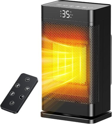 Керамічний електронагрівач 1500W з термостатом, PTC-керамічний нагрівач, ECO-режим, захист від перегріву та перекидання, 75° коливання, 2-в-1 енергозберігаючий нагрівач для дому, чорний