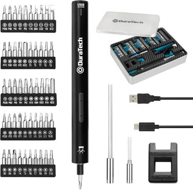DURATECH Набір прецизійних електричних викруток з 50 бітами. Міні-набір електричних викруток 3,6 В з LED-підсвічуванням для годинників, ноутбуків, окулярів, іграшок. Ідеально для майстрів, DIY-ентузіастів та ремонту техніки.