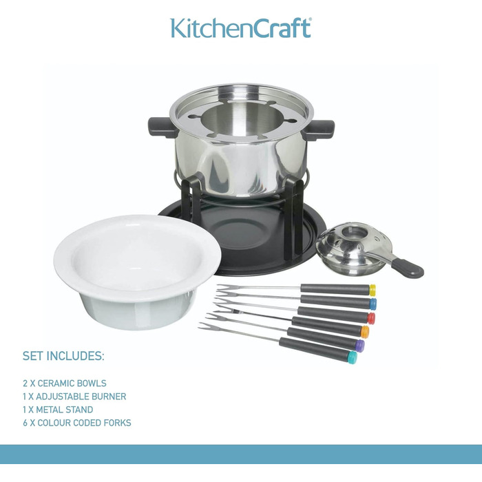 Набір для фондю KitchenCraft 3-в-1 з кольоровими виделками, для шоколадного, м’ясного та сирного фондю, сріблястий