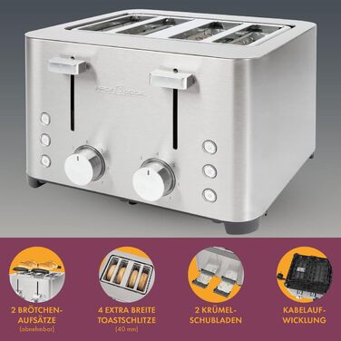 ProfiCook® Toaster | 4-Slice Toaster | Stainless Steel Housing | 1500 Watts | Wide Slot | Bagel Attachment (removable) | 7 Adjustable Browning Levels | Crumb Tray | Cord Retraction | PC-TA 1252 PC-TA 1252 inox