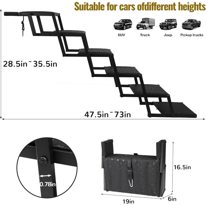 Сходинка для собак у машину – складана пандус для великих собак з неслизькою поверхнею, портативна сходинка для авто, SUV, вантажівок, підтримує до 70 кг, (ширина 6 сходинок)