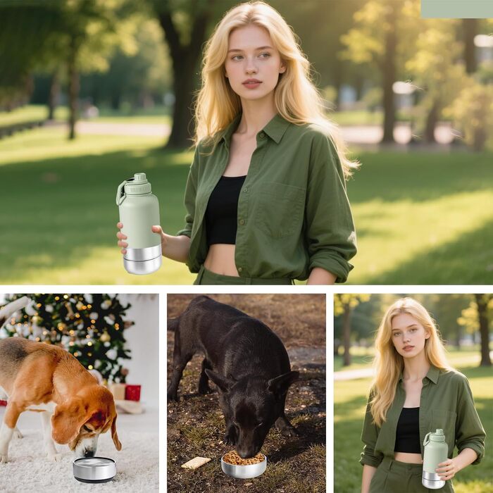 Миска для собак 3-в-1 з термоізоляцією, зелена, L | Миска, пляшка для води, годівниця для собак на винос