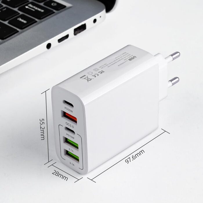 Мережевий адаптер AXFEE 65W 5-портовий з USB-C та USB-A, швидка зарядка PD 3.0 для iPhone 14 Pro Max 13, білий