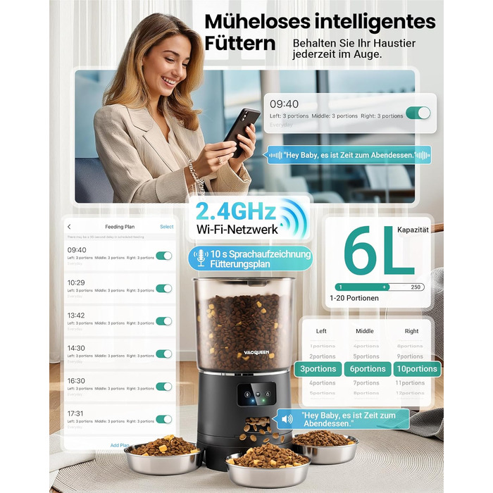 Автомат годівлі для котів з APP та таймером, 6 л / 25 порцій, 3 миски, 3 пакетики силікагелю, система запобігання застряганню, WiFi 2.4G, запис голосу, чорний