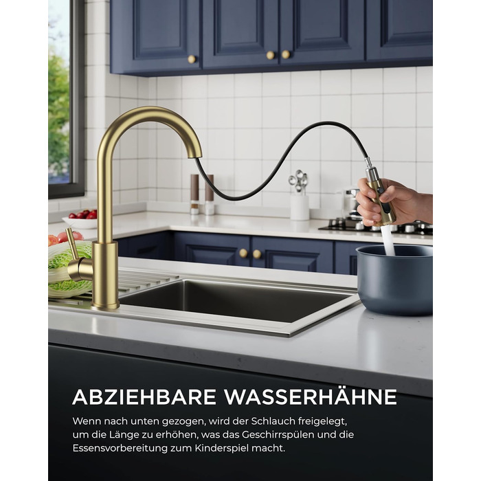 Кран кухонний FORIOUS з висувною лійкою, 360° обертання, 2 режими, шліфоване золото