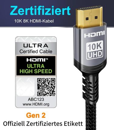 HDMI 2.1 кабель Snokco 10K 8K 3 метри, сертифікований, 48Gbps, Ultra High Speed, 4K 240Hz, 8K 60Hz, eARC, HDCP 2.3, DTS:X, HDR10+, для TV, монітора, проектора, Roku, PS5, X-box