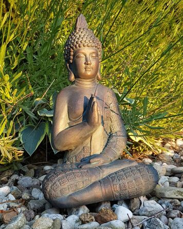 K&L Wall Art Sitting Buddha Figure for Indoor and Outdoor Use, 33cm Feng Shui Decor, Artificial Stone Statue, Zen Garden Figure, Stone (33cm Bronze Look)