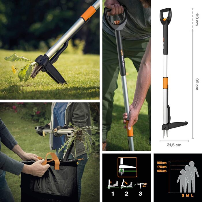 Телескопічний видаляч бур'янів Fiskars Smart-Fit 1-1,19 м, нержавіюча сталь, пластиковий руків'я, чорний/помаранчевий, 1020125