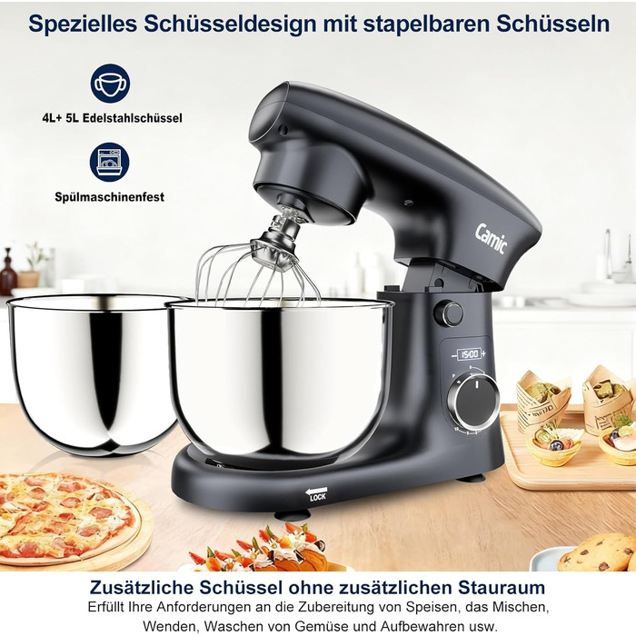 Кухонна машина Camic з LED-дисплеєм, 10 швидкостей, 3 насадками (діядовий, міксер, вінчик) та 2 чашами з нержавіючої сталі 4Л та 5Л для тіста, хліба та тортів, сіра