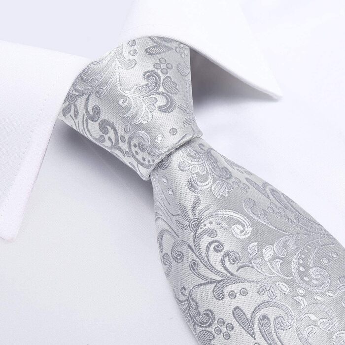 Набір аксесуарів для чоловіків DiBanGu: краватка, хустинка, кафтанчики, краватковий затискач, шовковий паваротний узор, білий / срібний