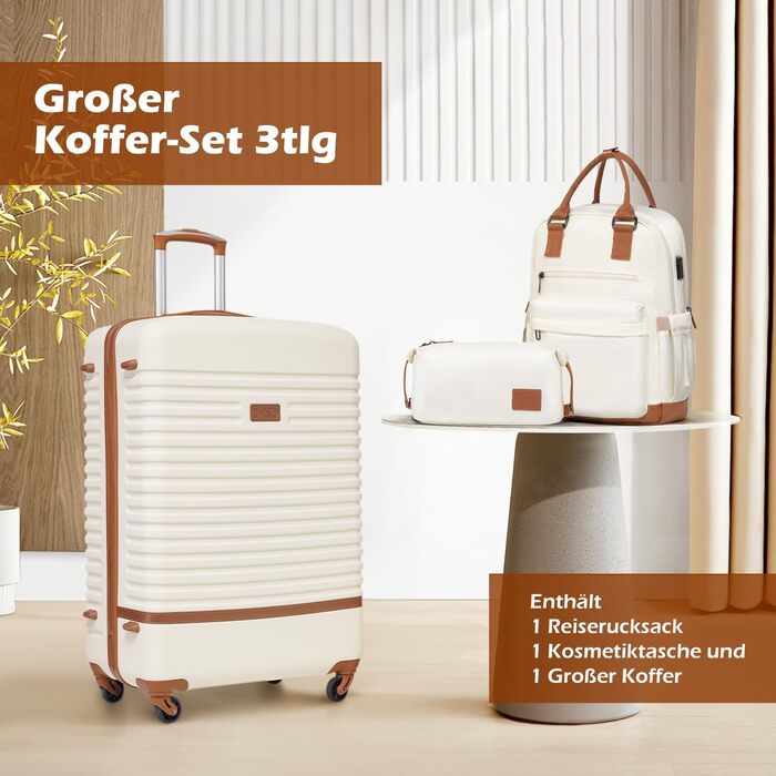 COOLIFE Luggage Suitcase Rolling Suitcase Travel Suitcase made of ABS Hard Shell, 4-Wheel Spinner with TSA Lock. The suitcase includes 1 Travel Backpack and 1 Toiletry Bag (White/Brown, Large 3-Piece Suitcase Set)
