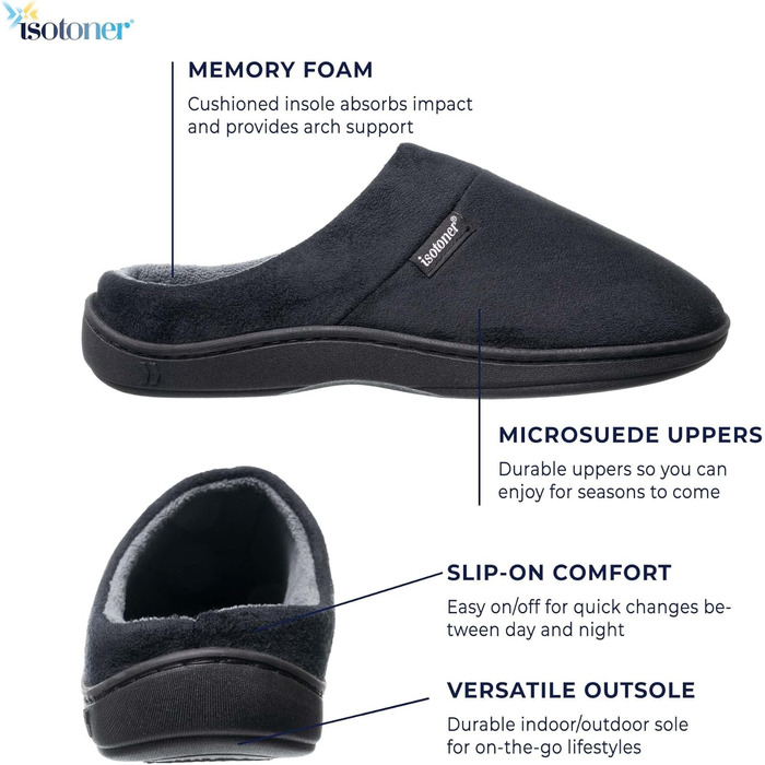 Чоловічі тапочки Isotoner з піною пам'яті та внутрішньою/зовнішньою підошвою. М'який халатний дизайн, чорний мікрозамш, середній розмір