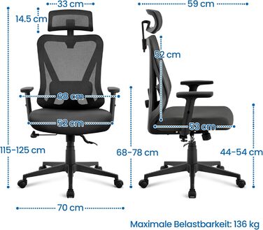 Офісне крісло Yaheetech ергономічне, регульована спинка, підголівник, підлокітники, поперекова підтримка, поворотне, регулювання нахилу 90°-130°, чорне