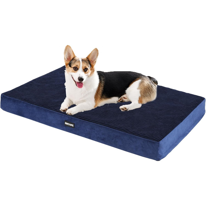 HMTOPE Orthopedic Dog Bed, 10cm Thick Dog Cushion for Medium and Large Dogs, Removable and Washable Dog Mat, Non-Slip Bottom, Waterproof Inner Lining, 112 cm, (L 91 x W 56 x H 9 cm, Navy Blue)