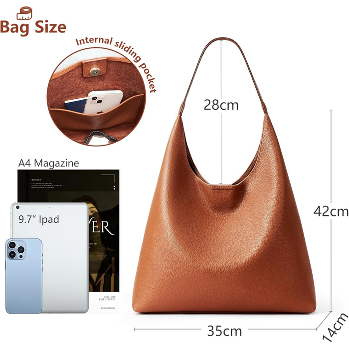 Сумка жіноча KALIDI Shopper Hobo з PU шкіри, вінтажна сумка-тоут з кнопкою, велика для роботи, навчання, повсякденного використання (коричнева)