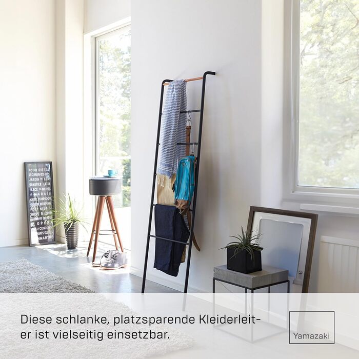 Yamazaki 2813 TOWER Leaning Clothes Rack, Black, Steel/Wood, Minimalist, 45 x 24 x 160 cm
