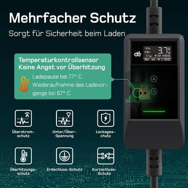 Кабель для зарядки електромобіля Type 2 Schuko 3,7kW, 7м, 6-16A, 1-фазний, з LCD дисплеєм, чорний