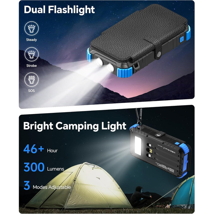 Powerbank Solar 26800mAh з USB-C, 5 виходів, водонепроникний, з карабіном та ліхтариком, для кемпінгу, телефонів та планшетів (блакитний)