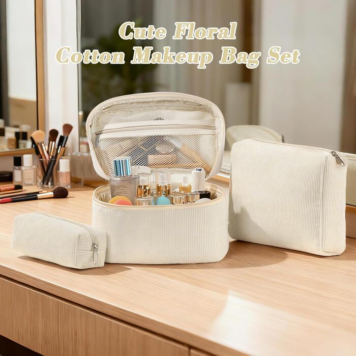 Набір косметичок 3 шт. з квітковим візерунком, жіноча косметичка для подорожей та повсякденного використання | Косметичка для макіяжу для жінок та дівчат (Бежевий)