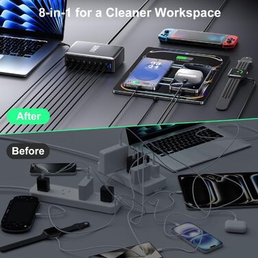 Зарядний пристрій USB-C 500W, 8 портів, GaN PD PPS, для MacBook Pro/Air, iPad, iPhone 15/16, Galaxy S23 - чорний