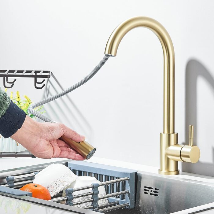 Кухонний змішувач з двома виливами, поворотний на 360°, з високим виливом та спіральною голкою, з нержавіючої сталі (золотий)