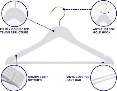 Дерев'яні вішалки для одягу Amber Home з масиву, 30 шт., гладке покриття, з неслизькою перекладиною для штанів, обертовий 360° гачок та виступи для сорочок та жакетів