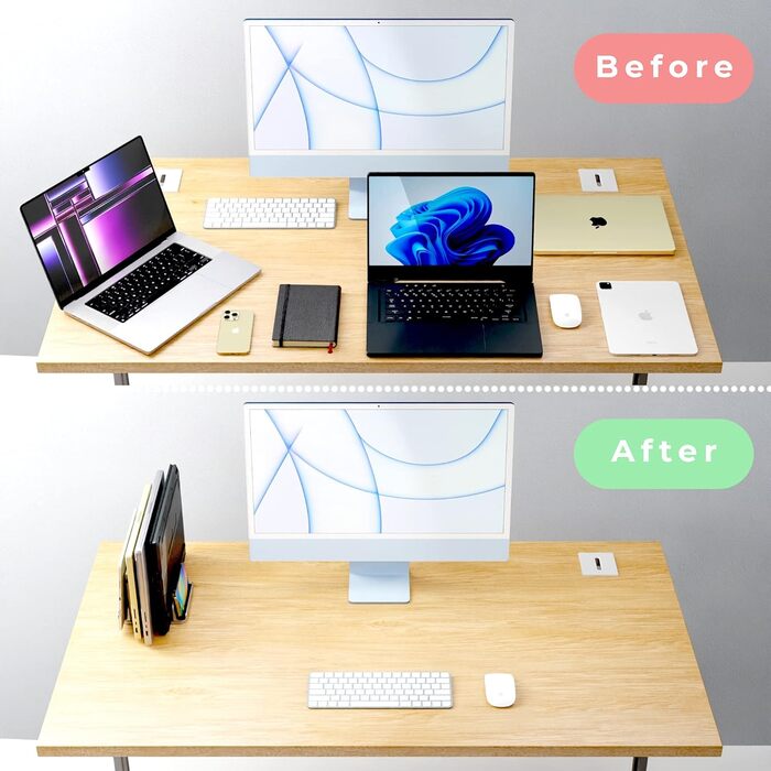 TEFONIA 5-Slot Vertical Laptop Stand - Aluminum Desk Organizer for MacBook, iPad, Tablets & Laptops - Silver