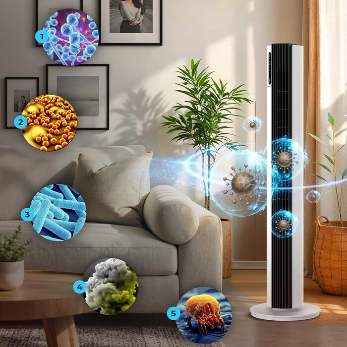 Турбовентилятор 110 см: тихий вентилятор з пультом, іонізація, 12 швидкостей, таймер 12 год, білий колір