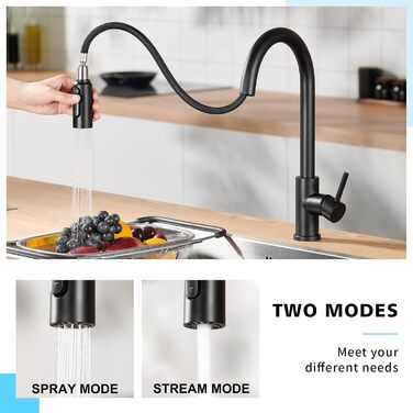 Кухонний змішувач CREA з висувною лійкою, 360° обертання, 3-х режимний, матовий чорний