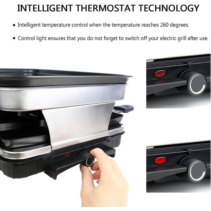 Raclette Grill for 8 People, Grill Plate with Non-Stick Coating, Raclette with 8 Mini Raclette Pans & 4 Wooden Spatulas, Continuously Adjustable Temperature, 1500W, Stainless Steel