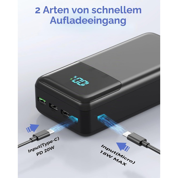 Повербанк Power Bank 60000mAh з швидкою зарядкою 22.5W, зовнішній акумулятор USB-C, 4 виходи та 2 входи, LED-дисплей, чорний