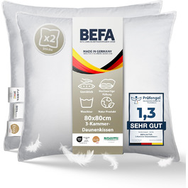 Подушка BEFA NATUR 80x80 см, 3-камерна, 90% пух, 10% перо, для алергіків, сертифікат Öko-Tex 100 клас 1, Downpass, Німеччина (2 шт)