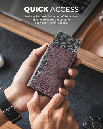 Чоловіче картхолдер VULKIT з RFID блокуванням, з металевою конструкцією, 3 відділення для кредитних карт та віконцем для посвідчення, компактний гаманець з магнітною застібкою, червоне шкіряне покриття (справжня шкіра Litchi Espresso)