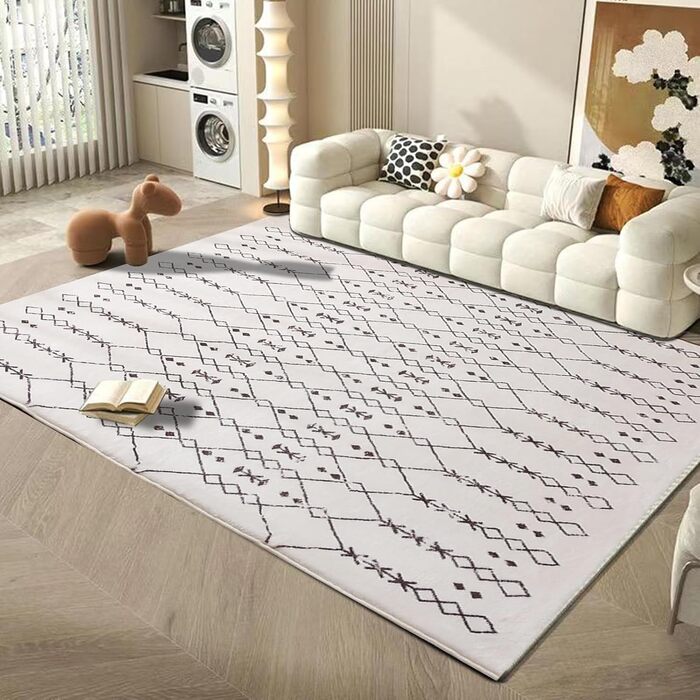 Килим для вітальні абстрактний великий, 120 x 160 см (160 x 200 см), короткий ворс, білий, бежевий/слонова кістка, для вітальні, спальні, їдальні