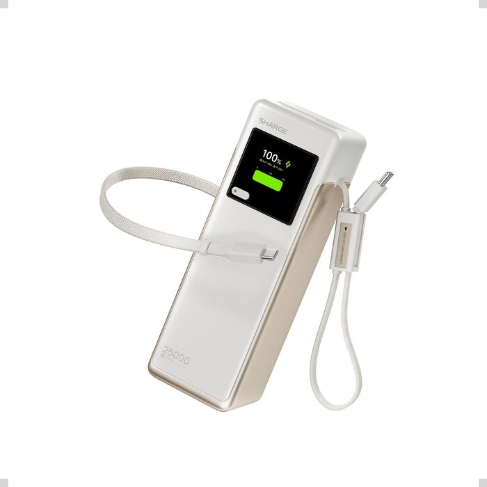 Потужний павербанк SHARGE HyperTower 170W 25000mAh з TFT-дисплеєм, 4 портами (3x USB-C, 1x USB-A) та вбудованими кабелями для MacBook Pro та ноутбуків, білий