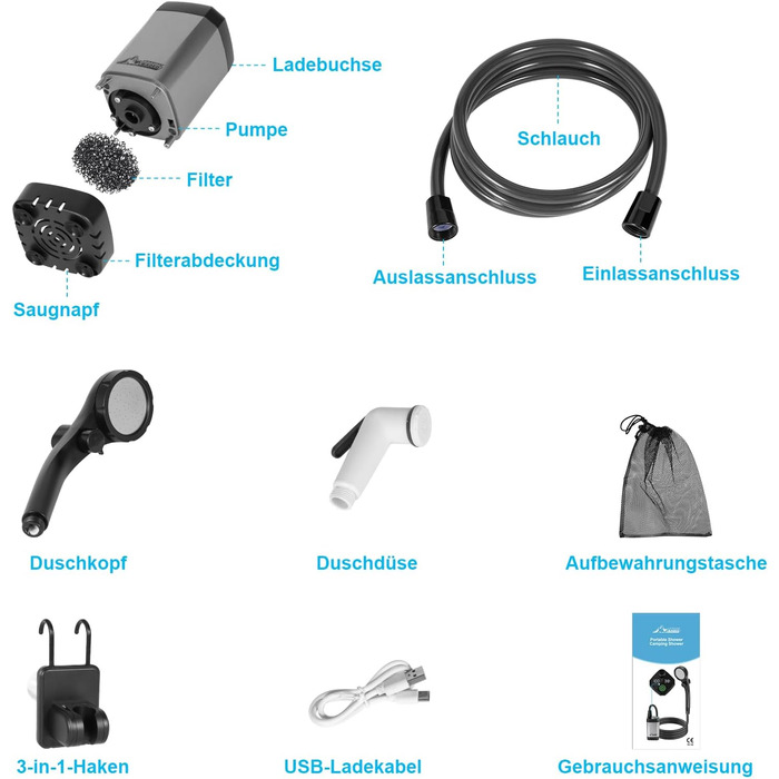 Портативна душова кабіна WADEO для кемпінгу з акумулятором та насосом, 6000-8000mAh, мобільний душ для відпочинку, подорожей, автомийки, сірого кольору, з індикатором температури та заряду акумулятора