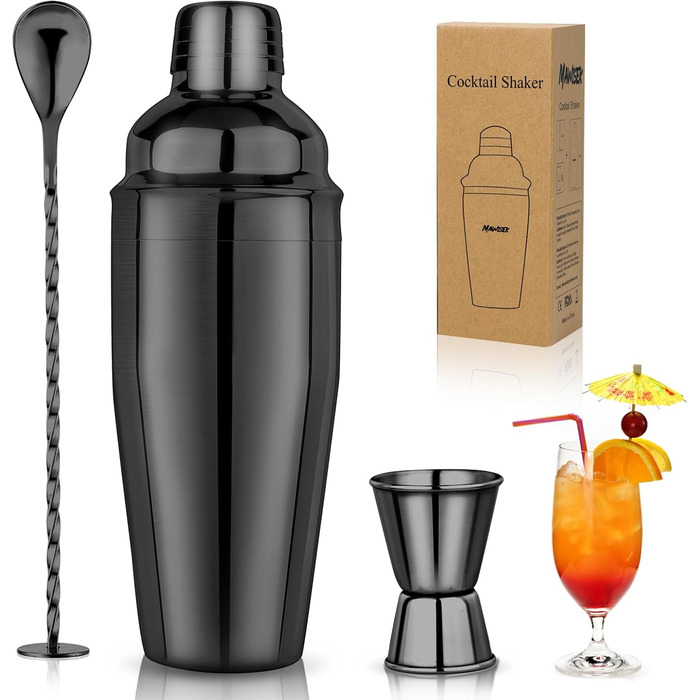 Набір шейкер для коктейлів 750 мл: професійний барменський набір з вбудованим ситом, мірним стаканчиком та ложкою. Ідеально для Мартіні, Маргарити та міксологiчних напоїв. Чорний.