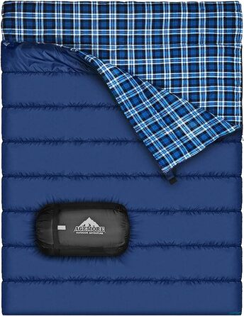 Cotton Flannel Double Sleeping Bag for Camping, Hiking, and Backpacking - Queen Size 2 Person Waterproof Sleeping Bag for Adults & Teens - Lightweight Blue/Blue
