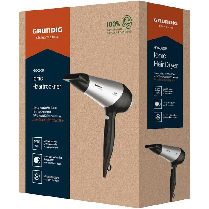 Фен GRUNDIG HD 6080 L: 2200 Вт, іонізація, керамічне покриття, 3 режими температури, 2 швидкості, холодний обдув, чорний/срібний