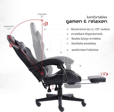TRISENS Gaming Chair with Racing Design featuring flexible padded armrests, ergonomic PC gaming chair in leather look, desk chair with retractable footrest and extra support cushion, color: black