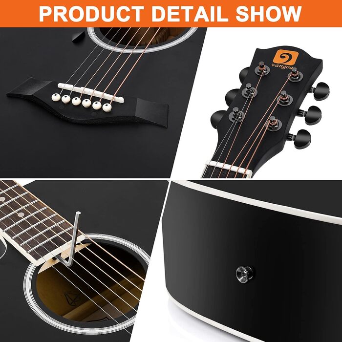 Акустична гітара Vangoa 4/4 для початківців та дорослих, чорна, з каподастром та чохлом