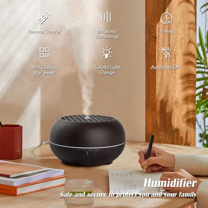 Дифузор аромату Simpeak 550мл, ультразвуковий дифузор для ефірних олій з дерева, зволожувач повітря з дистанційним керуванням (темно-коричневий)