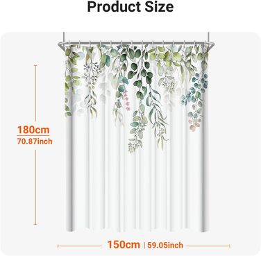 Штора для душу 200x200 см, зелені листя, антигрибкова, текстильна, водовідштовхувальна, пральна, поліестер, з кільцями (12 шт.) для ванної кімнати