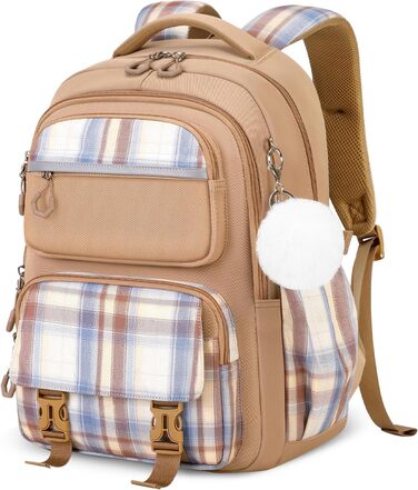 Шкільний рюкзак Tanou для дівчаток, ергономічний, великий, модний в клітинку, для підлітків, для подорожей (коричневий)