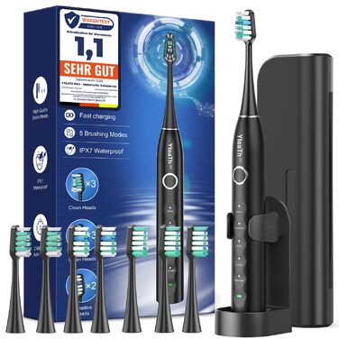 Електрична зубна щітка зі звуковими вібраціями, 8 насадок (3 типи), таймер, 120 днів роботи від акумулятора, 5 режимів чищення, чорний колір, для дорослих, з зарядною станцією