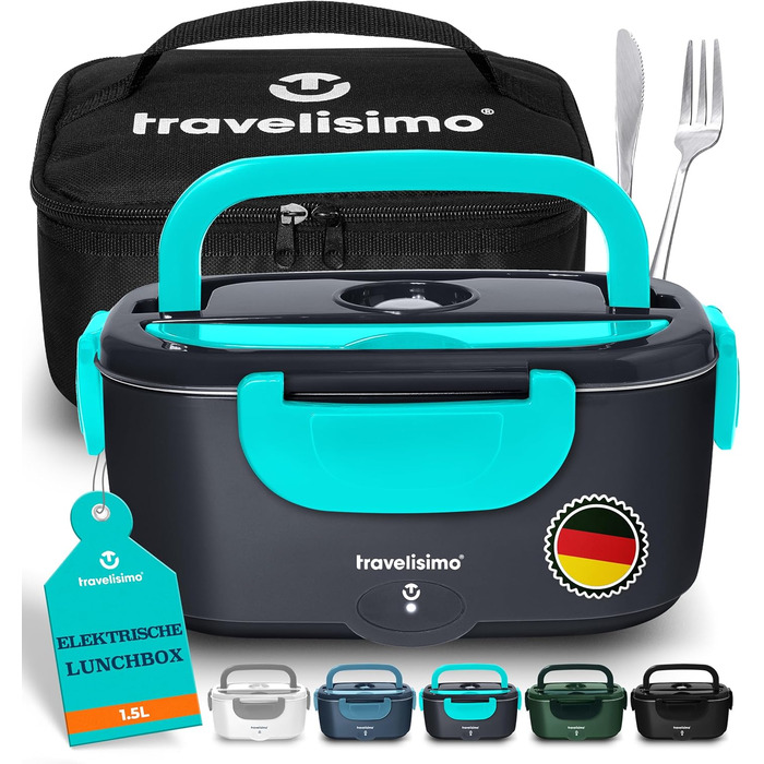 Електрична ланчбокс TRAVELISIMO 80W 1,5L 3-в-1, для авто/роботи, 12V/24V/220V, Неоновий блакитний