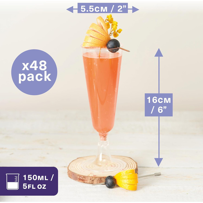 48 келихів для шампанського MATANA Premium Plastik 150 мл - кришталево-чисті, стабільні, без BPA, багаторазові. Пластикові келихи для шампанського/секту для вечірок, свят, дня народження. Набір 48 штук (144 шт.)