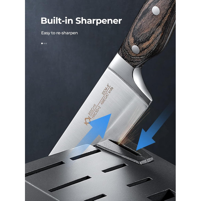 AMEGAT Self-Sharpening Knife Block Set with Carving Fork - Premium Stainless Steel Knife Set with Wooden Block - Vollerl & 3-Rivets Design