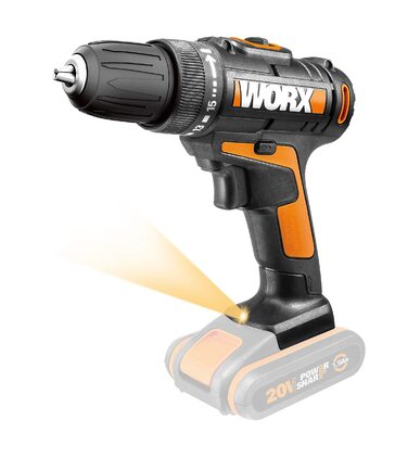WORX WX101.9 Акумуляторний дриль-шуруповерт 20V – потужний інструмент для свердління та закручування шурупів – двоступеневий діапазон швидкості та 15+1 налаштувань крутного моменту – з LED-підсвічуванням – без акумулятора та зарядного пристрою, патрон 10 